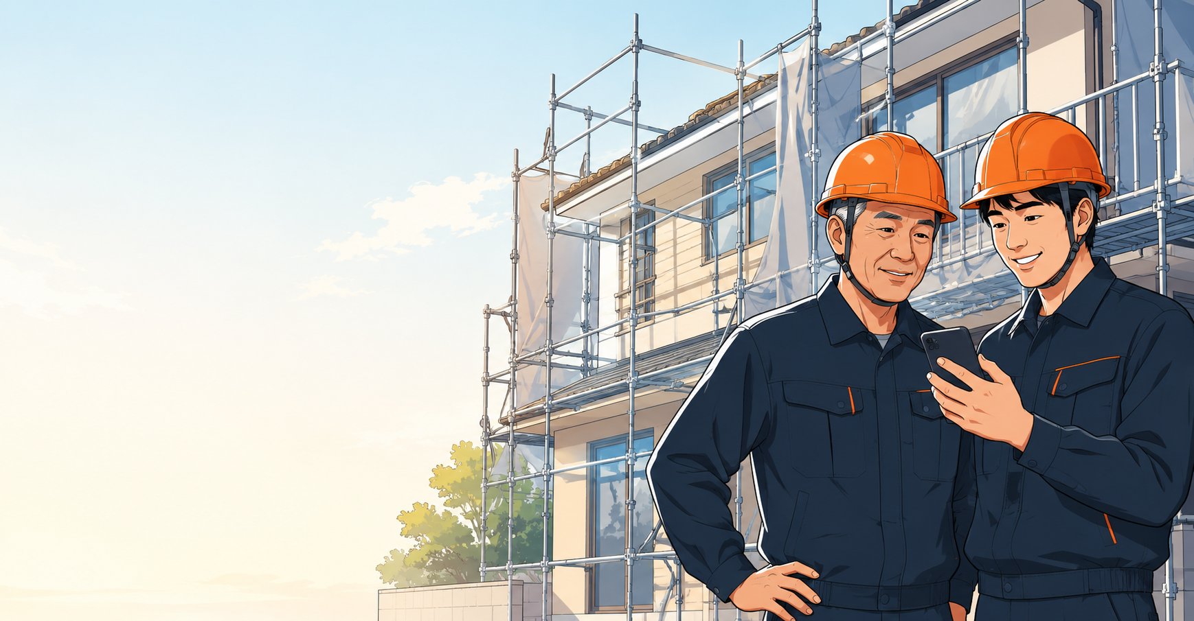 改修現場でスマートフォンを一緒に見るベテランと若手の職人のイラスト