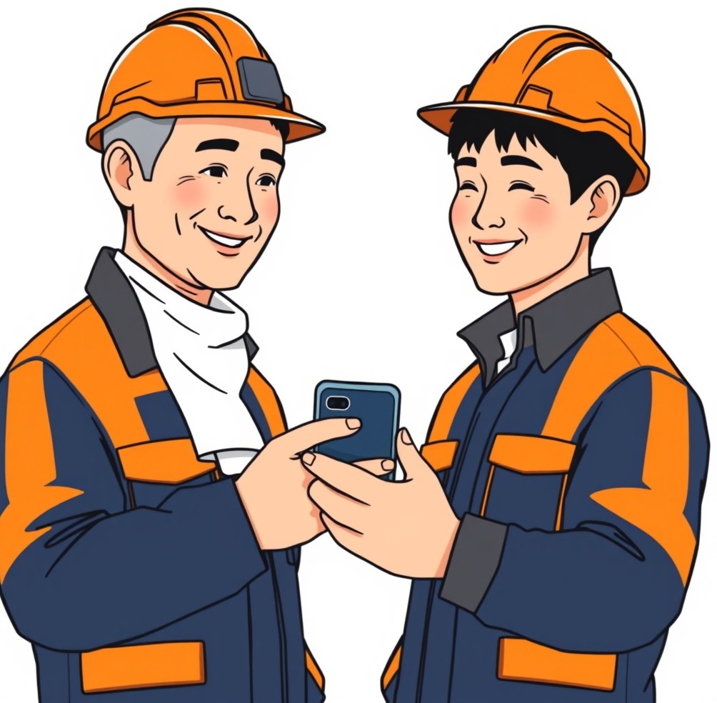 改修現場でスマートフォンを確認して笑い合うベテランと若手の職人
